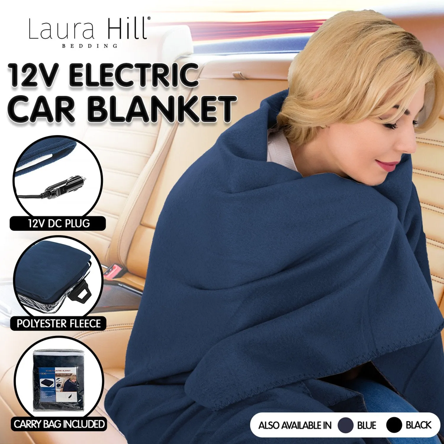 12V Heated Electric Car Blanket 150x110cm, Polyester Fleece