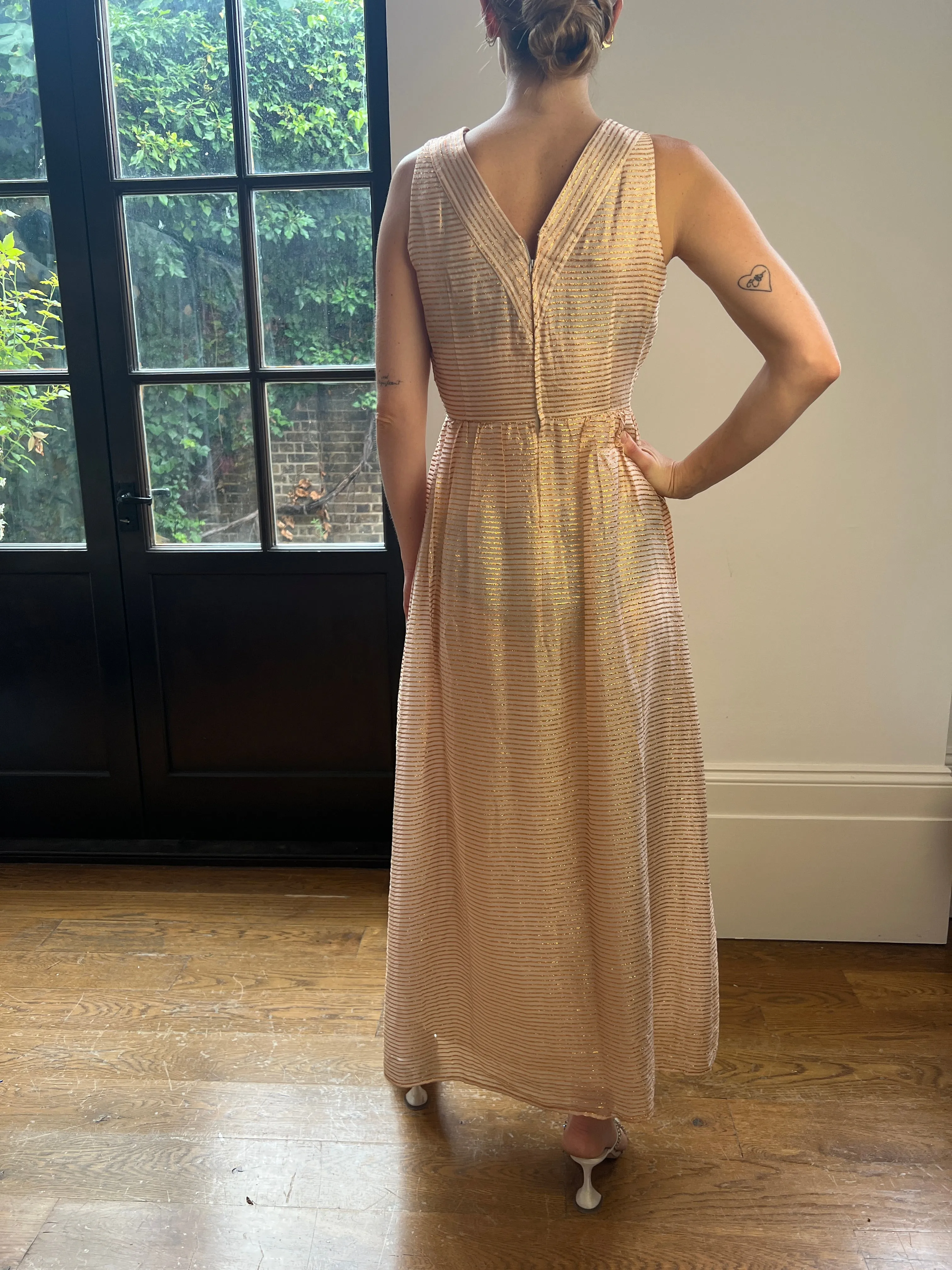 1960s Jean Allen Gold and Cream Lurex Maxi Dress