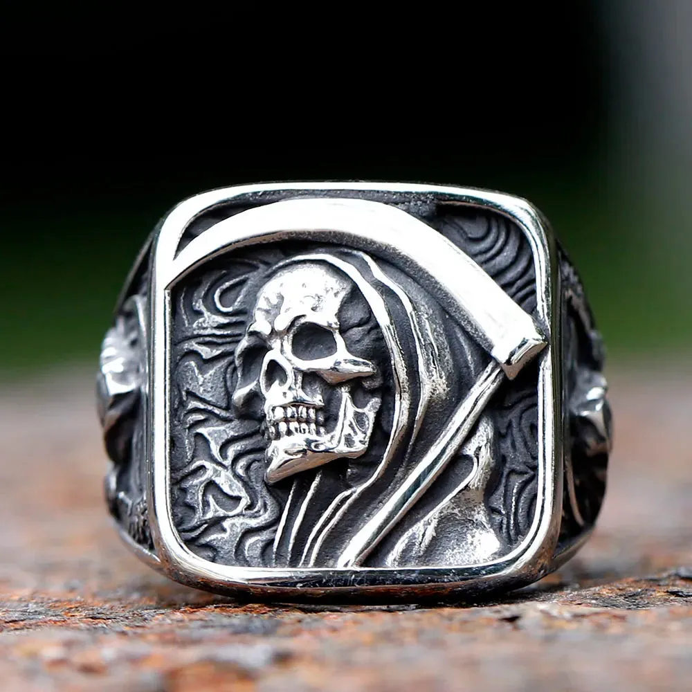 2023 Vintage Mens 316L Stainless Steel Rings for Men Death Sickle Domineering Skull Ring Men's Hip-hop Punk Party Jewelry Gift