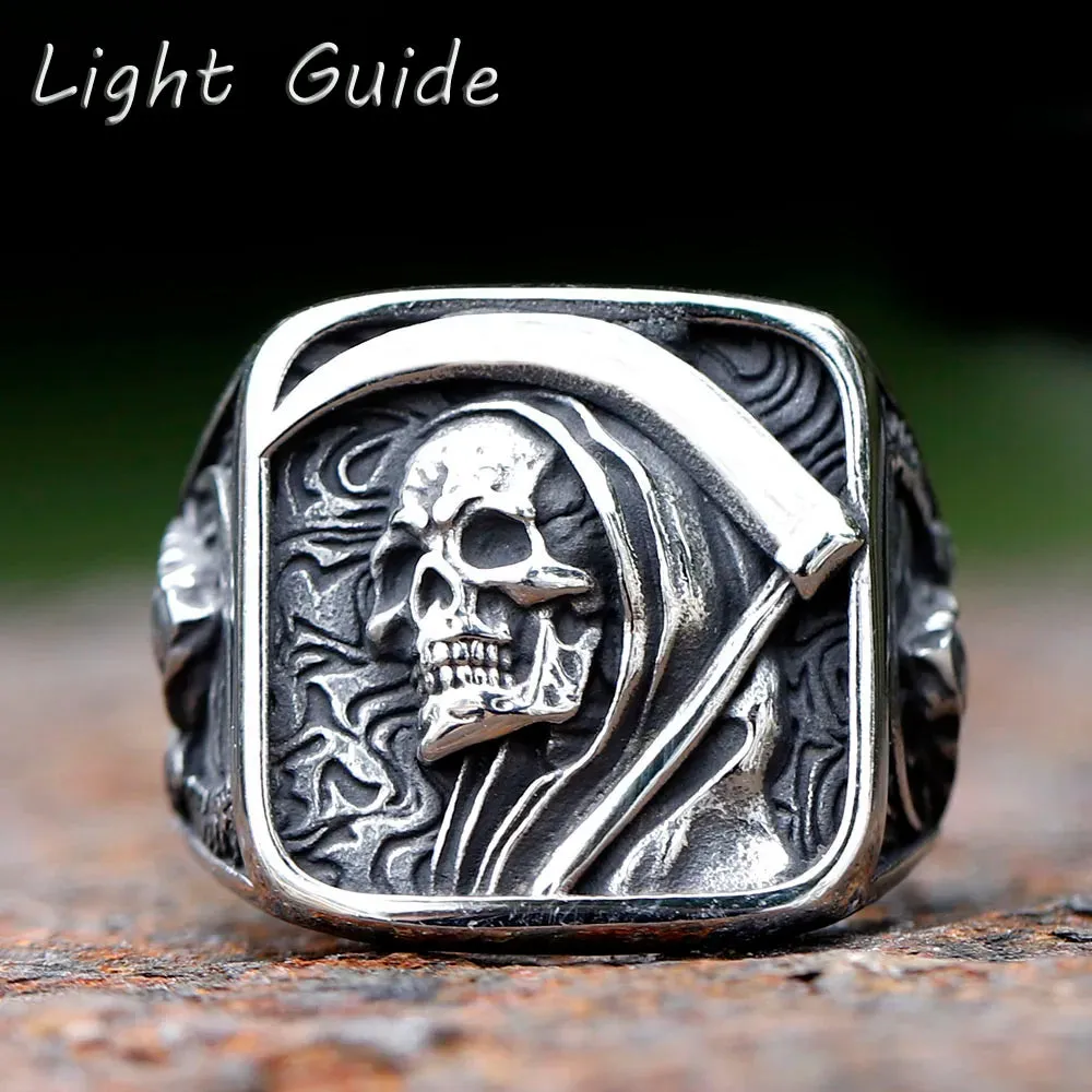 2023 Vintage Mens 316L Stainless Steel Rings for Men Death Sickle Domineering Skull Ring Men's Hip-hop Punk Party Jewelry Gift