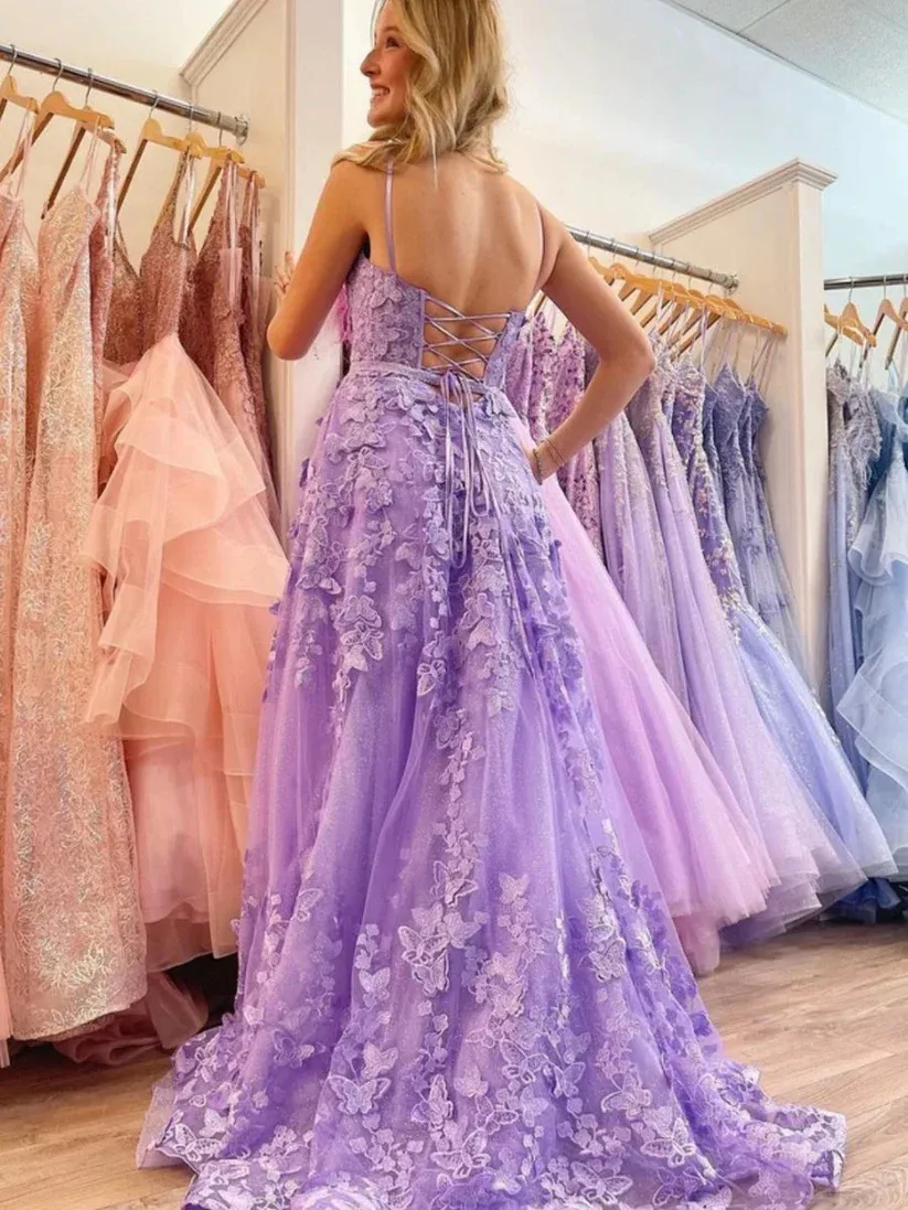 A-line Lace-up Applique Spaghetti Straps Prom Dresses      fg3917