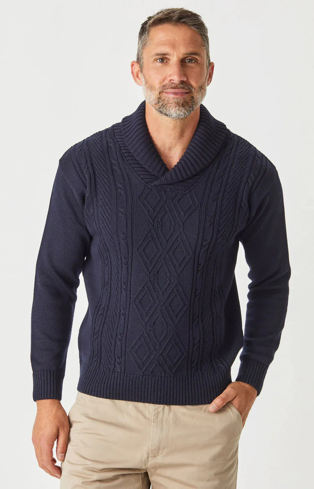 Aklanda - Aaron Cable Shawl-Neck Sweater - Navy