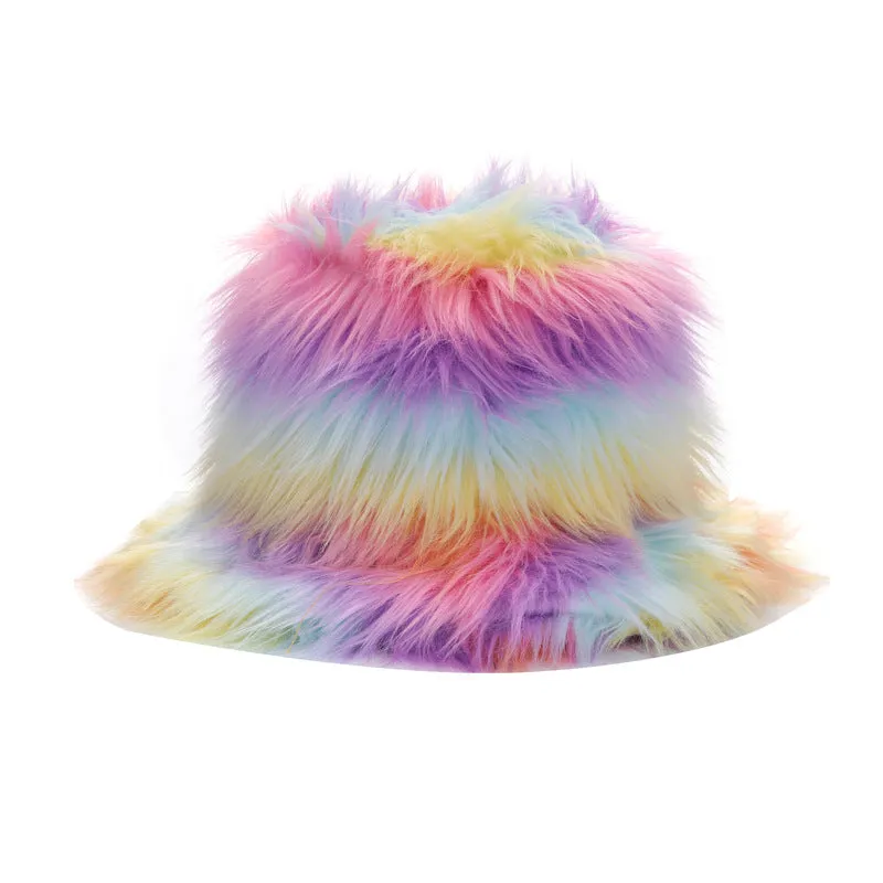 Autumn and winter personality trend plush pot hat long section fur rainbow gradient fisherman hat women