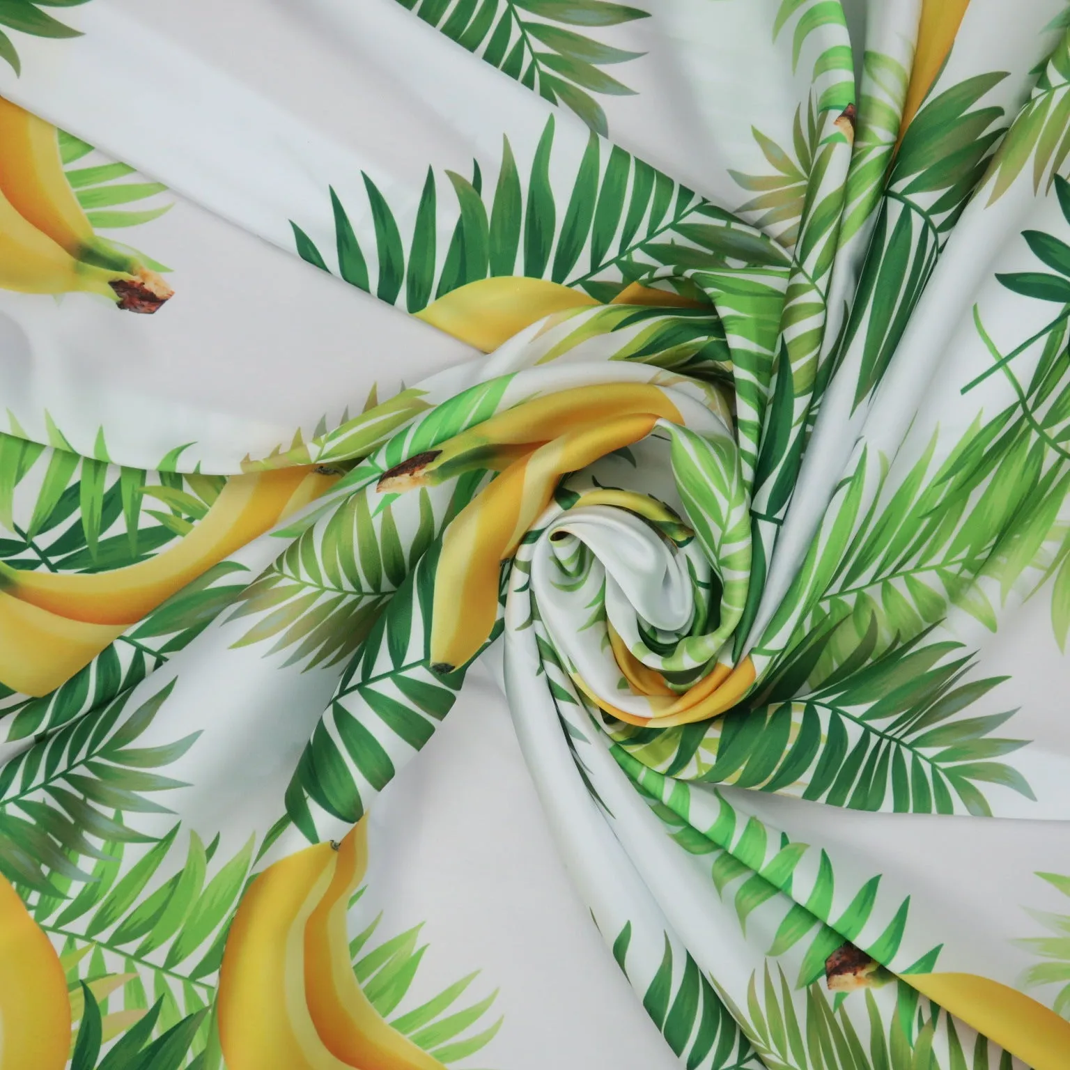 Bananas and Leaves on White Background Polyester Charmeuse Fabric