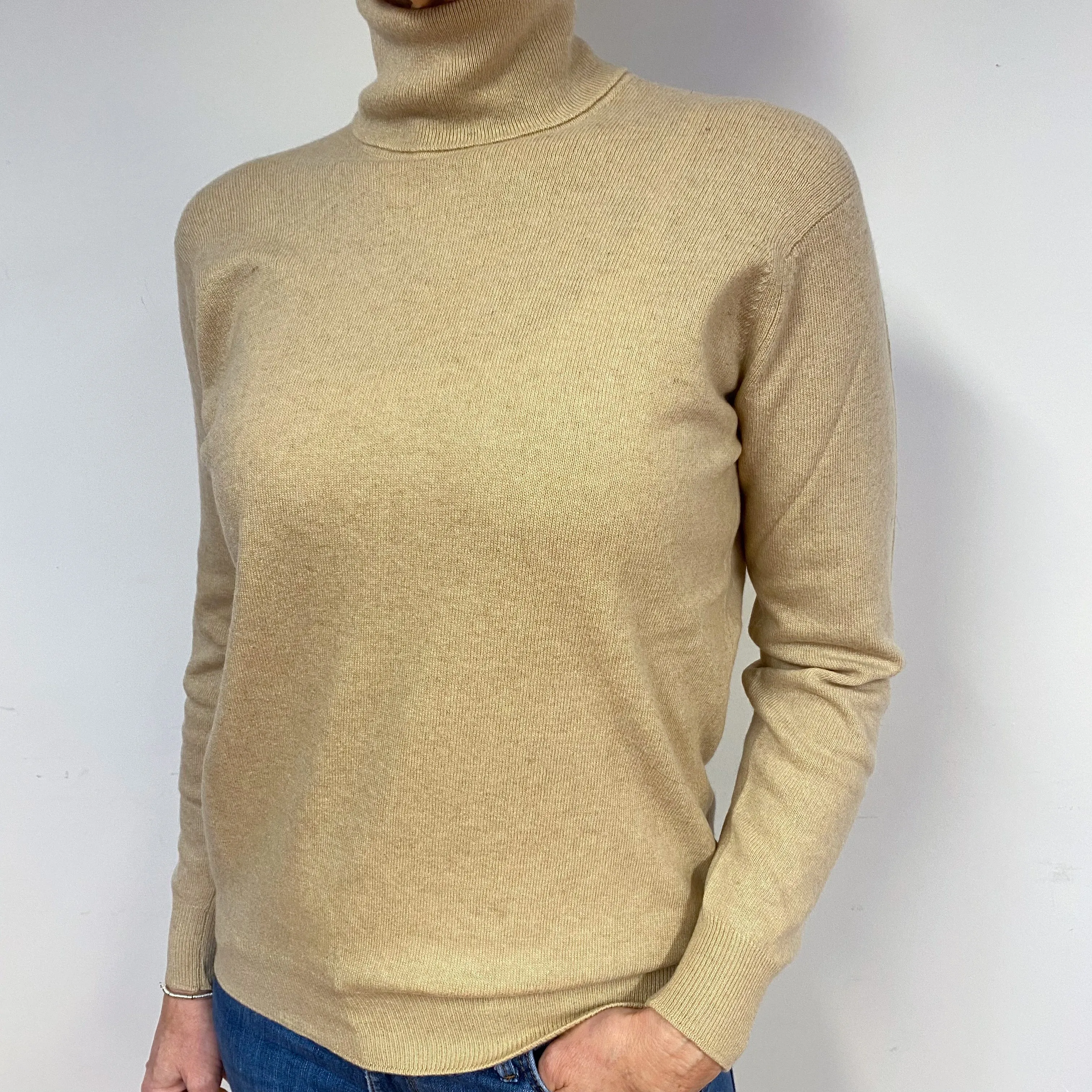 Beige Cashmere Polo Neck Jumper Medium