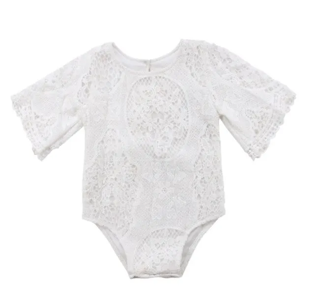 Bell Sleeve Lace White Romper #1000147