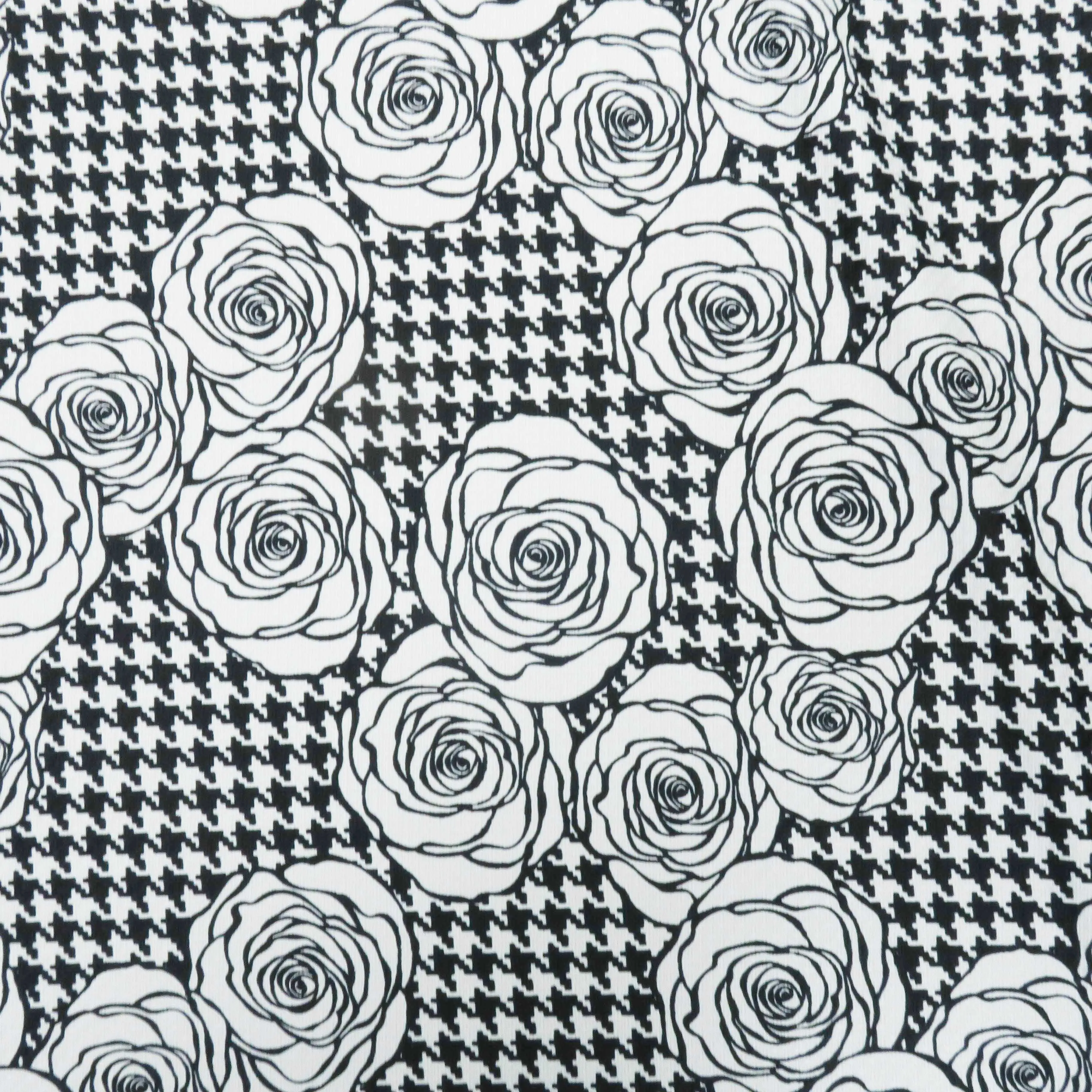 Black and White Floral on Houndstooth Printed Polyester Crepe