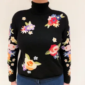 Black Colourful Floral Cashmere Polo Neck Jumper Large