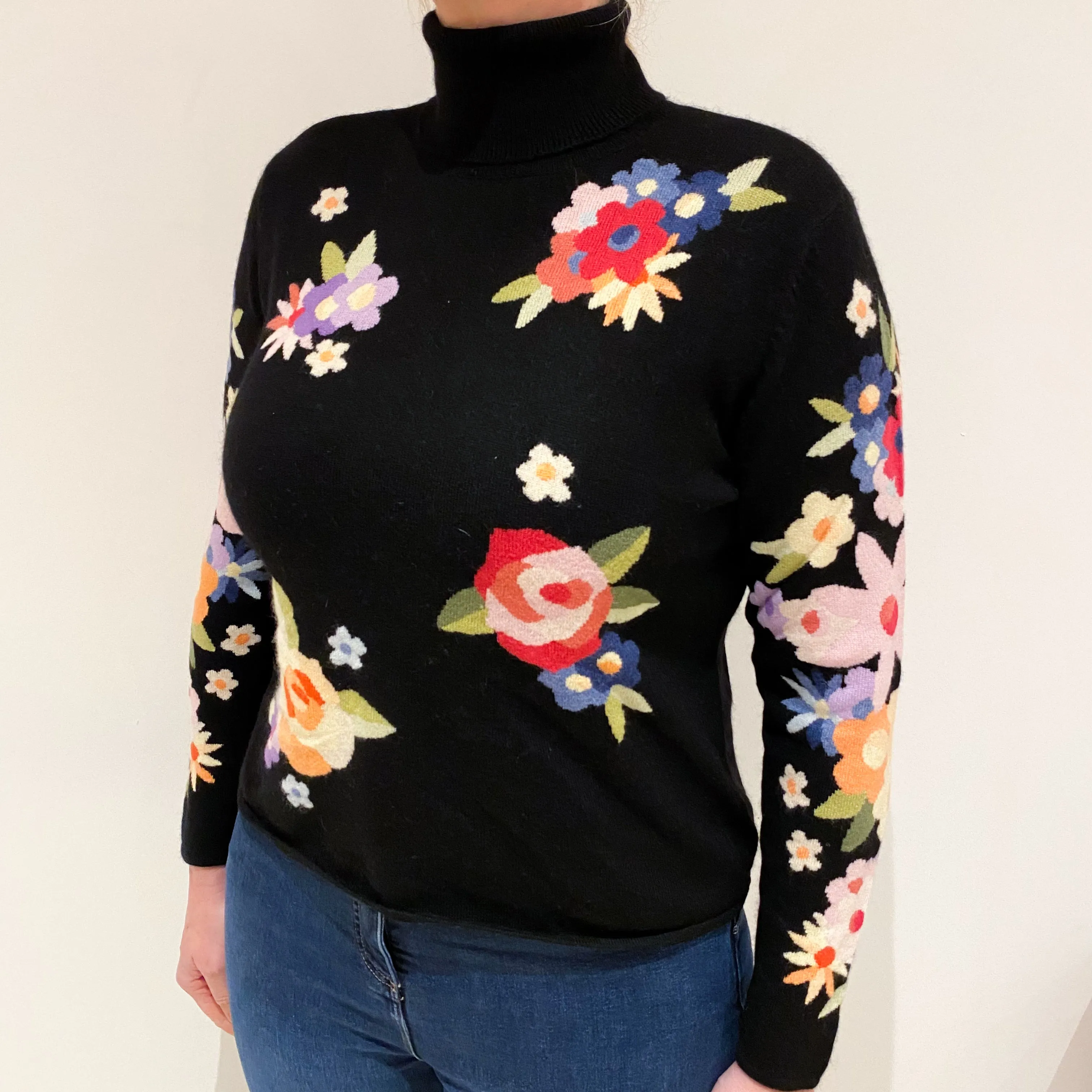 Black Colourful Floral Cashmere Polo Neck Jumper Large