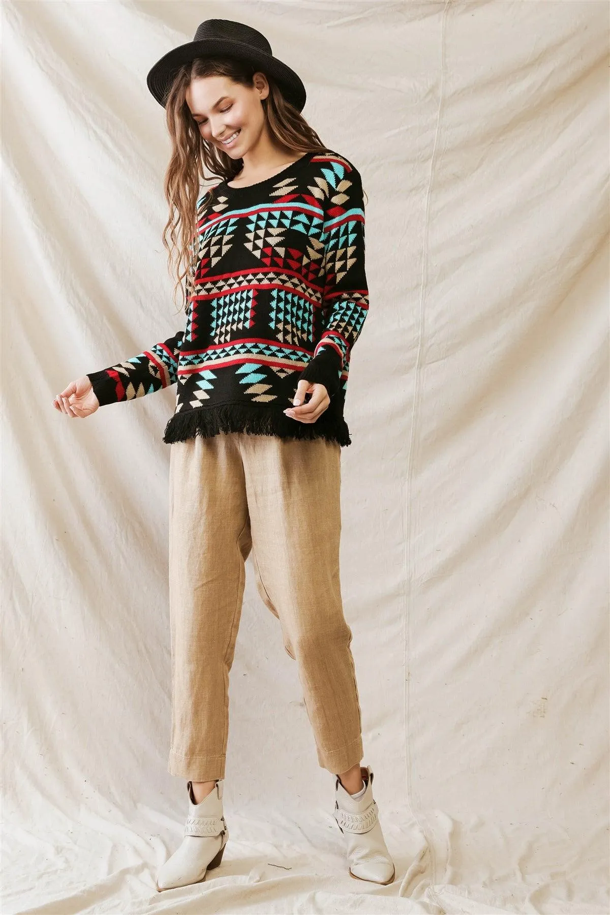 Black Multi Triangular Print Knit Fringe Hem Long Sleeve Sweater /3-2-1