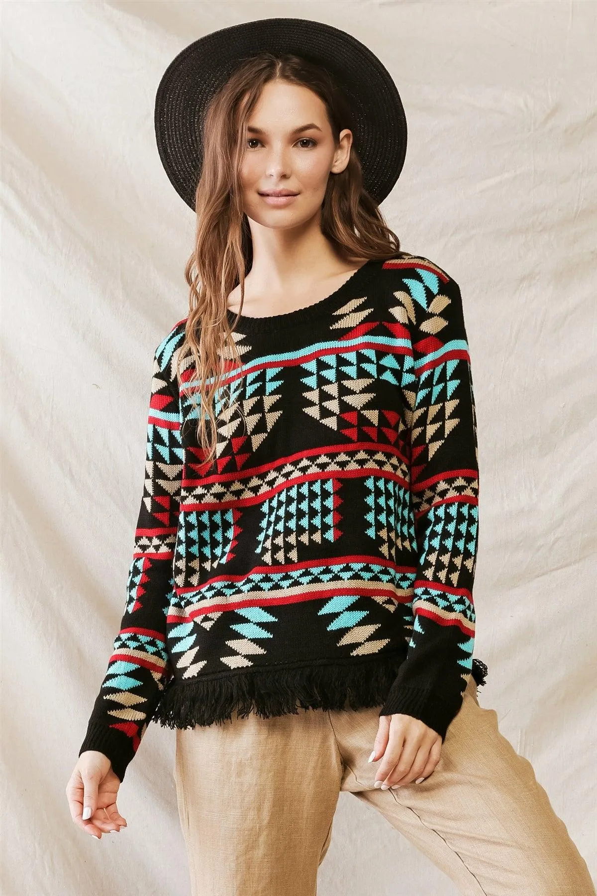 Black Multi Triangular Print Knit Fringe Hem Long Sleeve Sweater /3-2-1