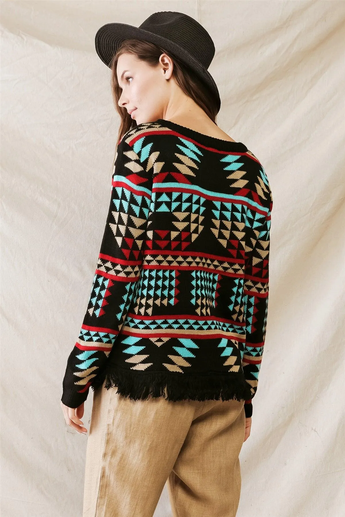 Black Multi Triangular Print Knit Fringe Hem Long Sleeve Sweater /3-2-1