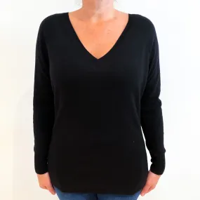 Black Ribbed Side Cashmere V-Neck Jumper Large