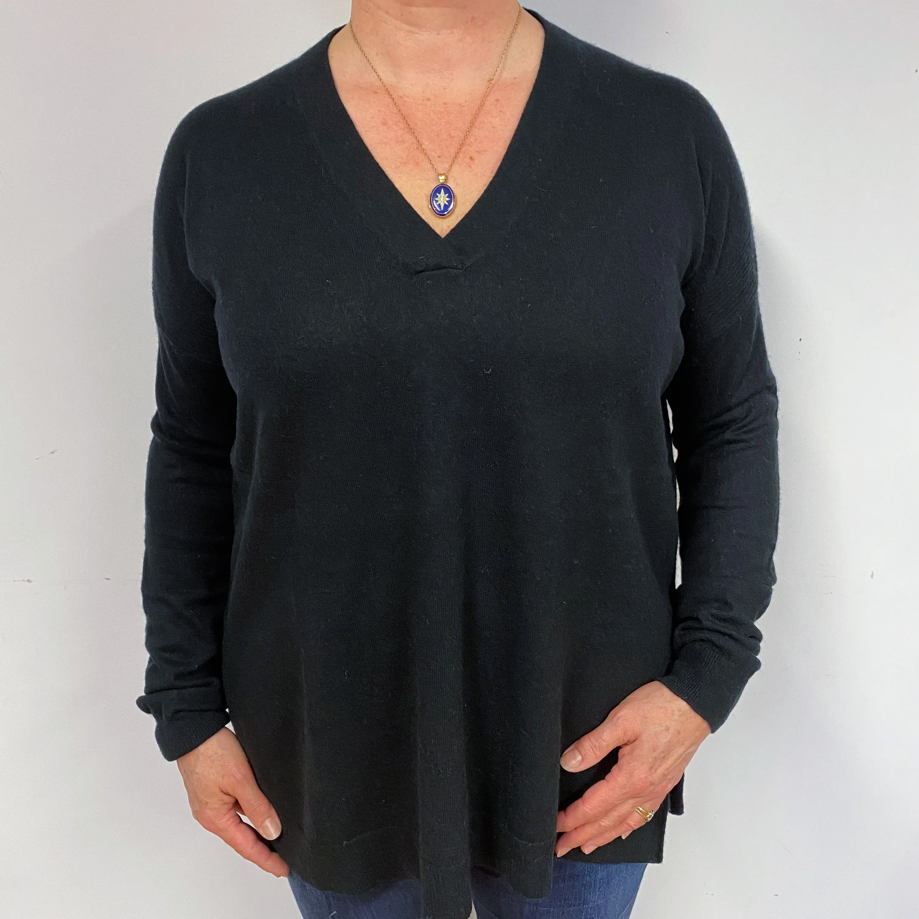 Black Slouchy Cashmere V-Neck Tunic Jumper Large