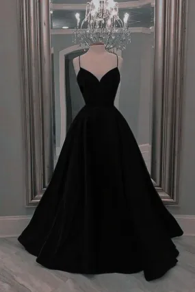 Black Spaghetti Straps Long Prom Dresses A Line Formal Evening Dress     fg5080