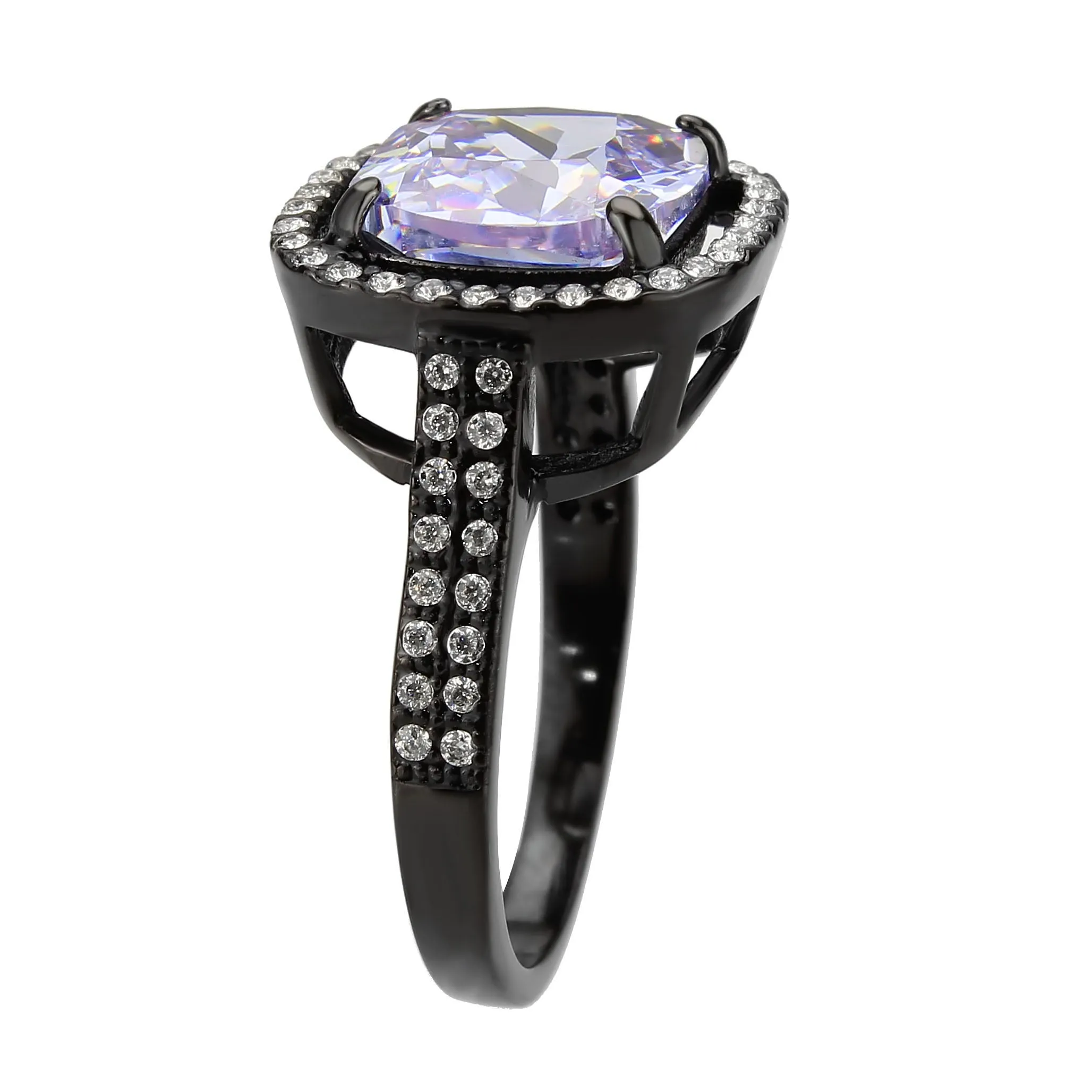 Black Stainless Steel Ring with AAA Grade CZ in Light Amethyst for Women Style TK3734