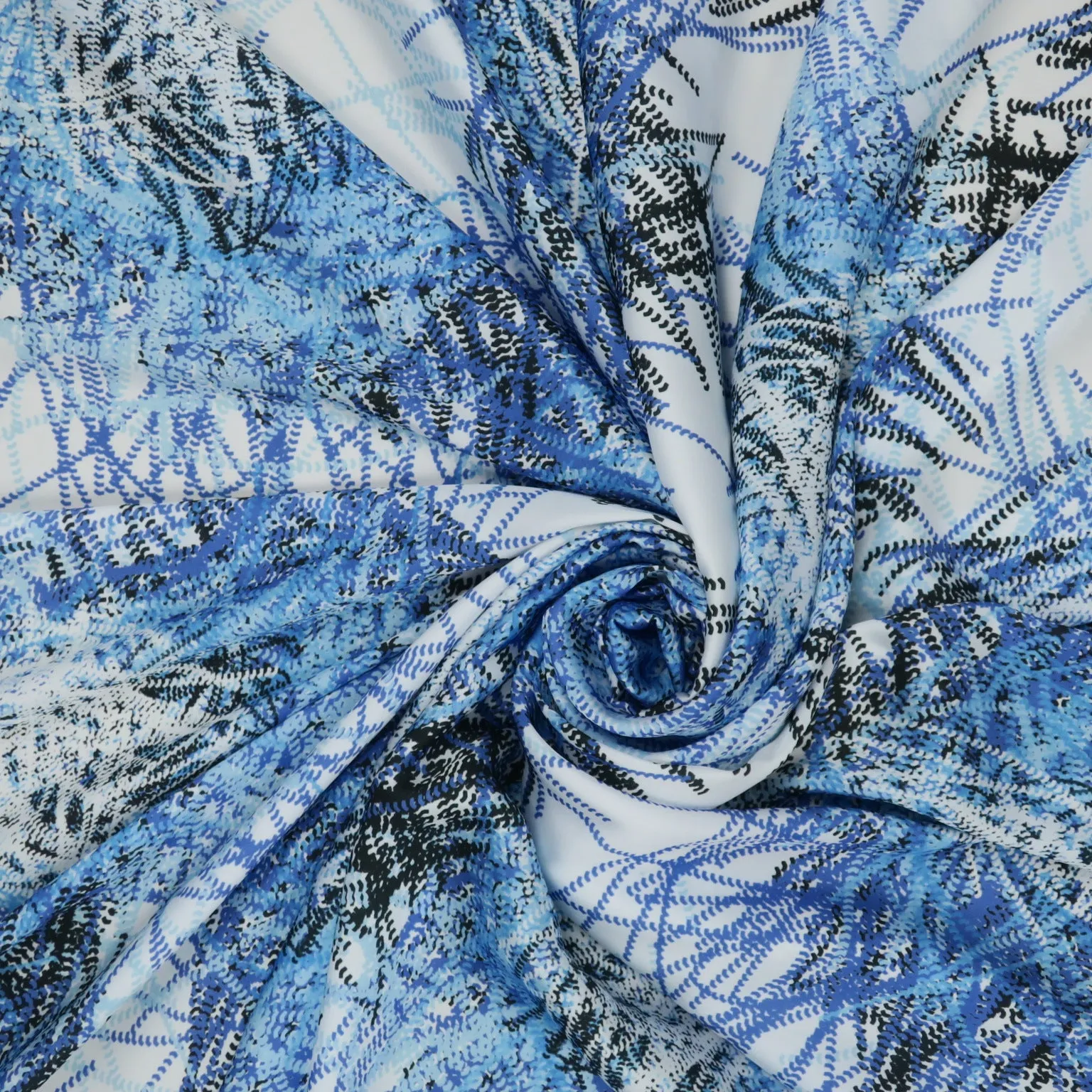 Blue Abstract on White Background Charmeuse Polyester Fabric