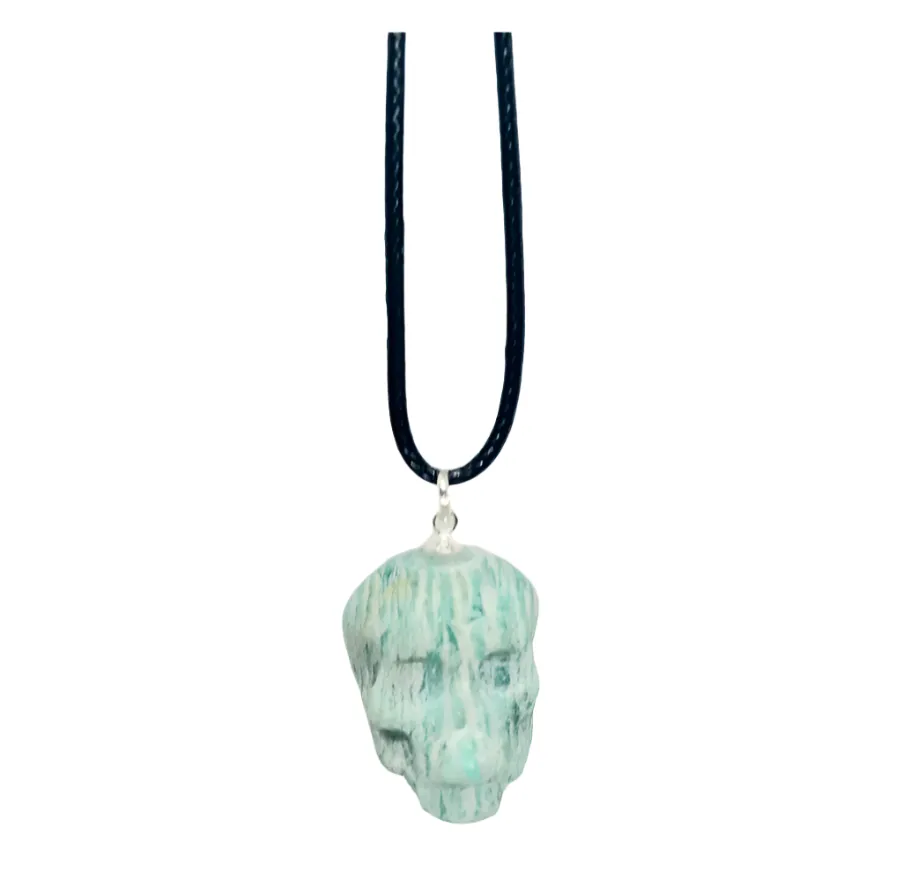 Blue Caribbean Calcite Crystal Skull Pendant Necklace