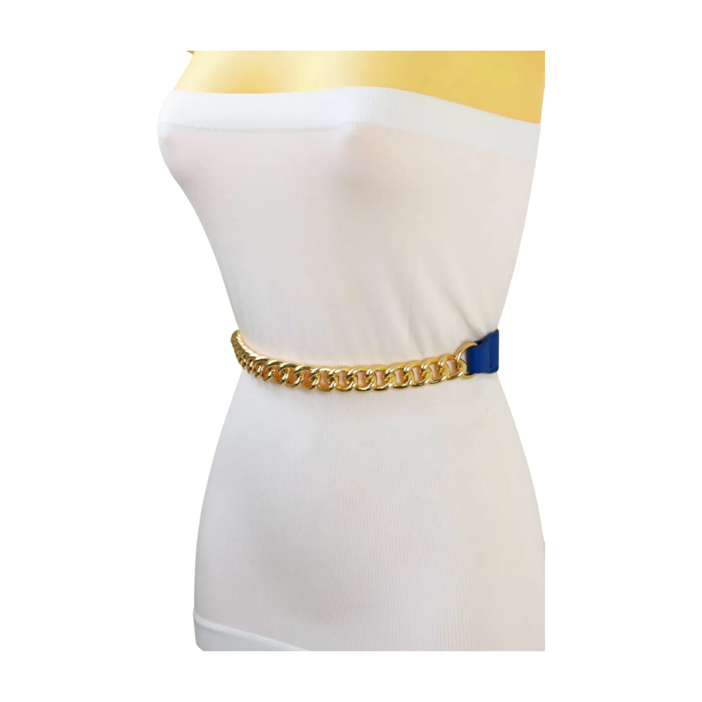 Blue Elastic Belt Gold Metal Chain Links Adjustable Size S M