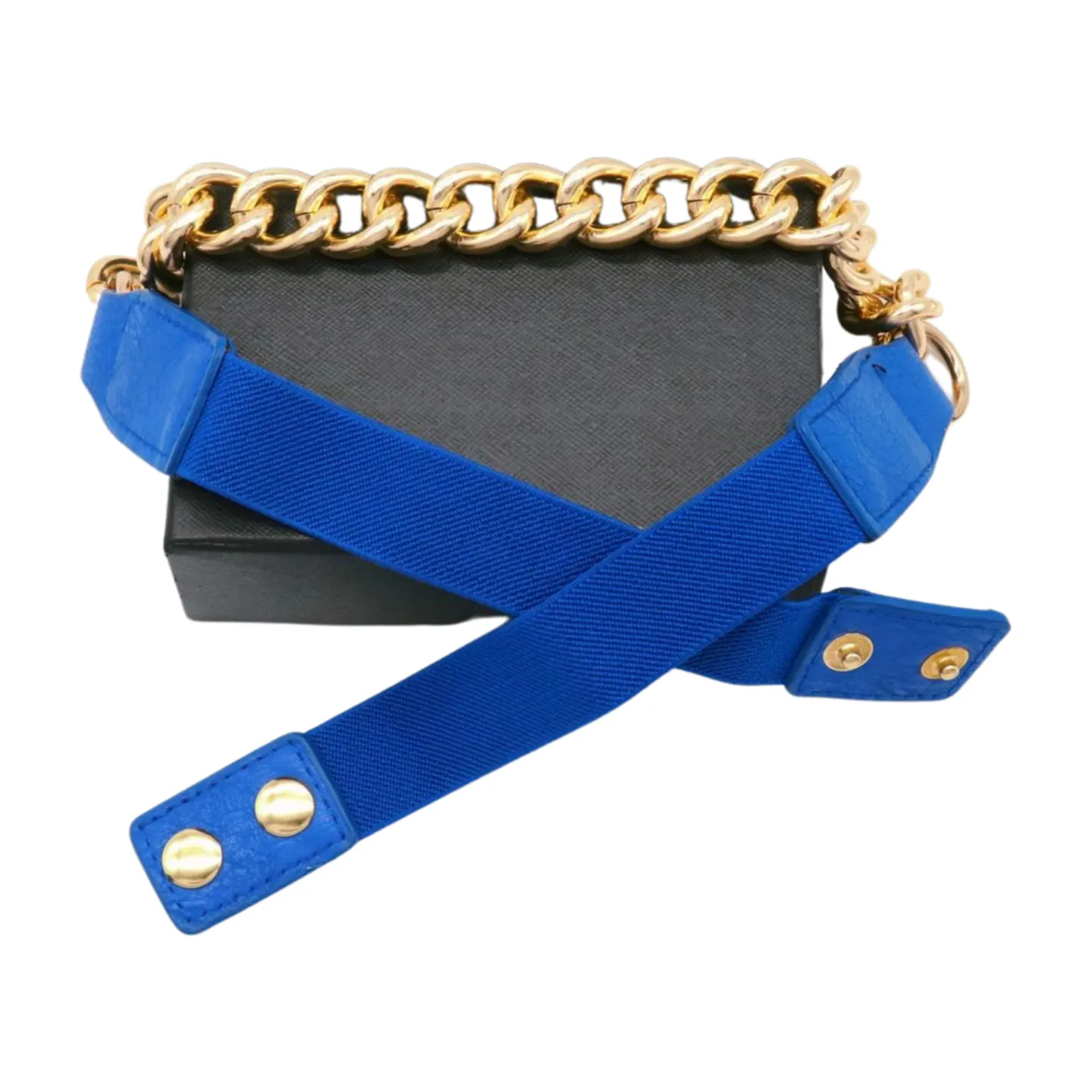 Blue Elastic Belt Gold Metal Chain Links Adjustable Size S M