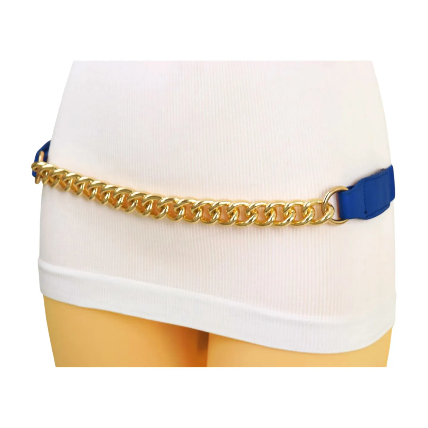 Blue Elastic Belt Gold Metal Chain Links Adjustable Size S M