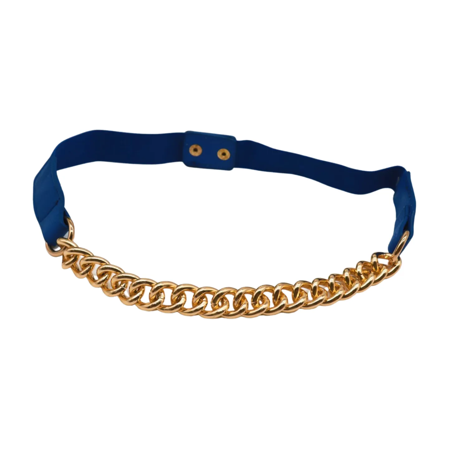 Blue Elastic Belt Gold Metal Chain Links Adjustable Size S M