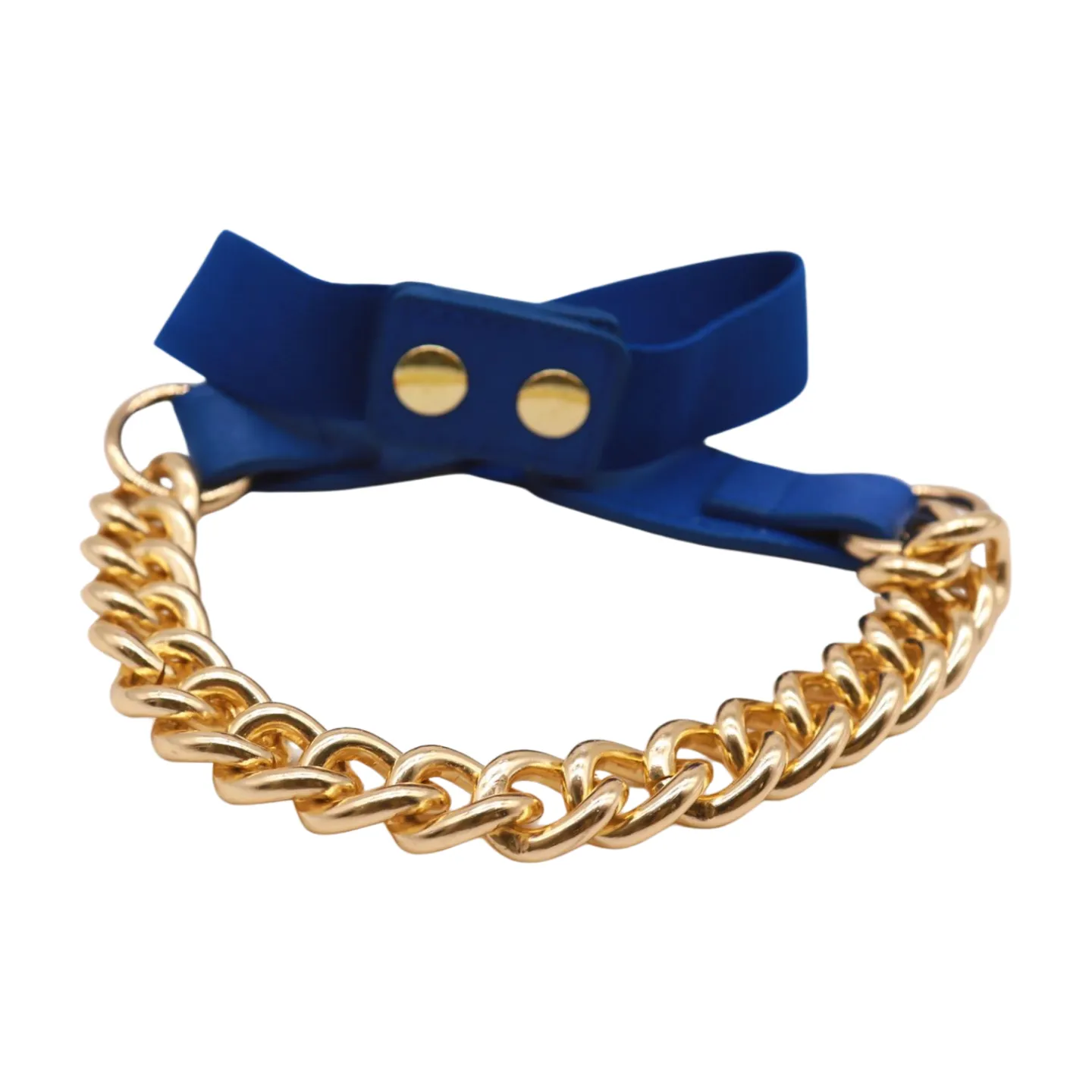 Blue Elastic Belt Gold Metal Chain Links Adjustable Size S M