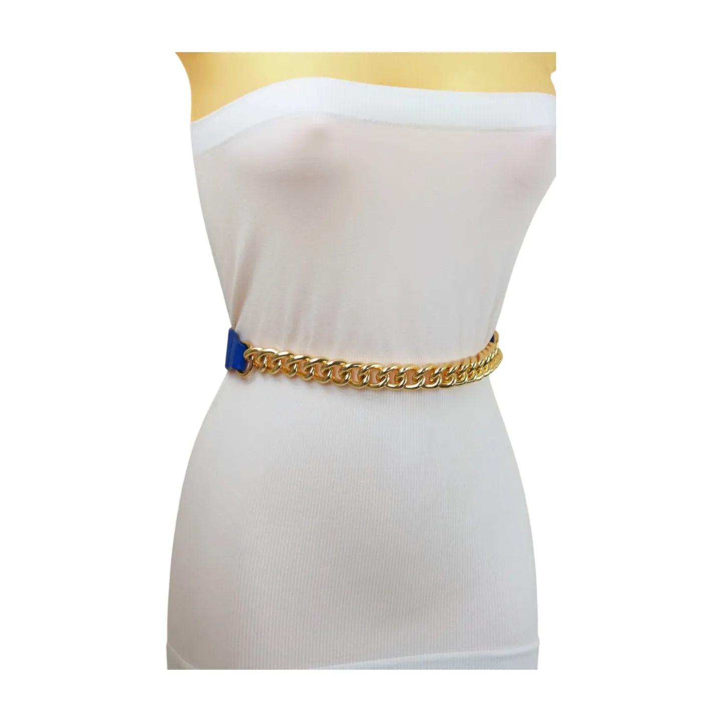 Blue Elastic Belt Gold Metal Chain Links Adjustable Size S M