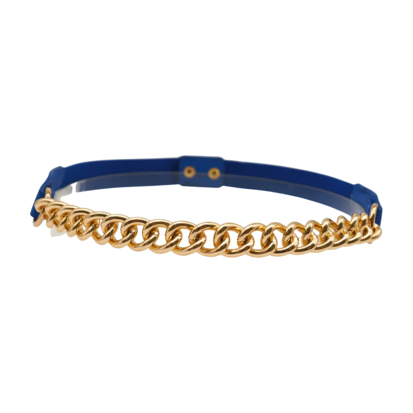 Blue Elastic Belt Gold Metal Chain Links Adjustable Size S M