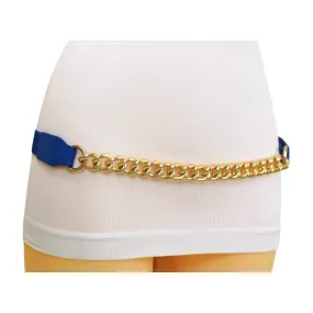 Blue Elastic Belt Gold Metal Chain Links Adjustable Size S M