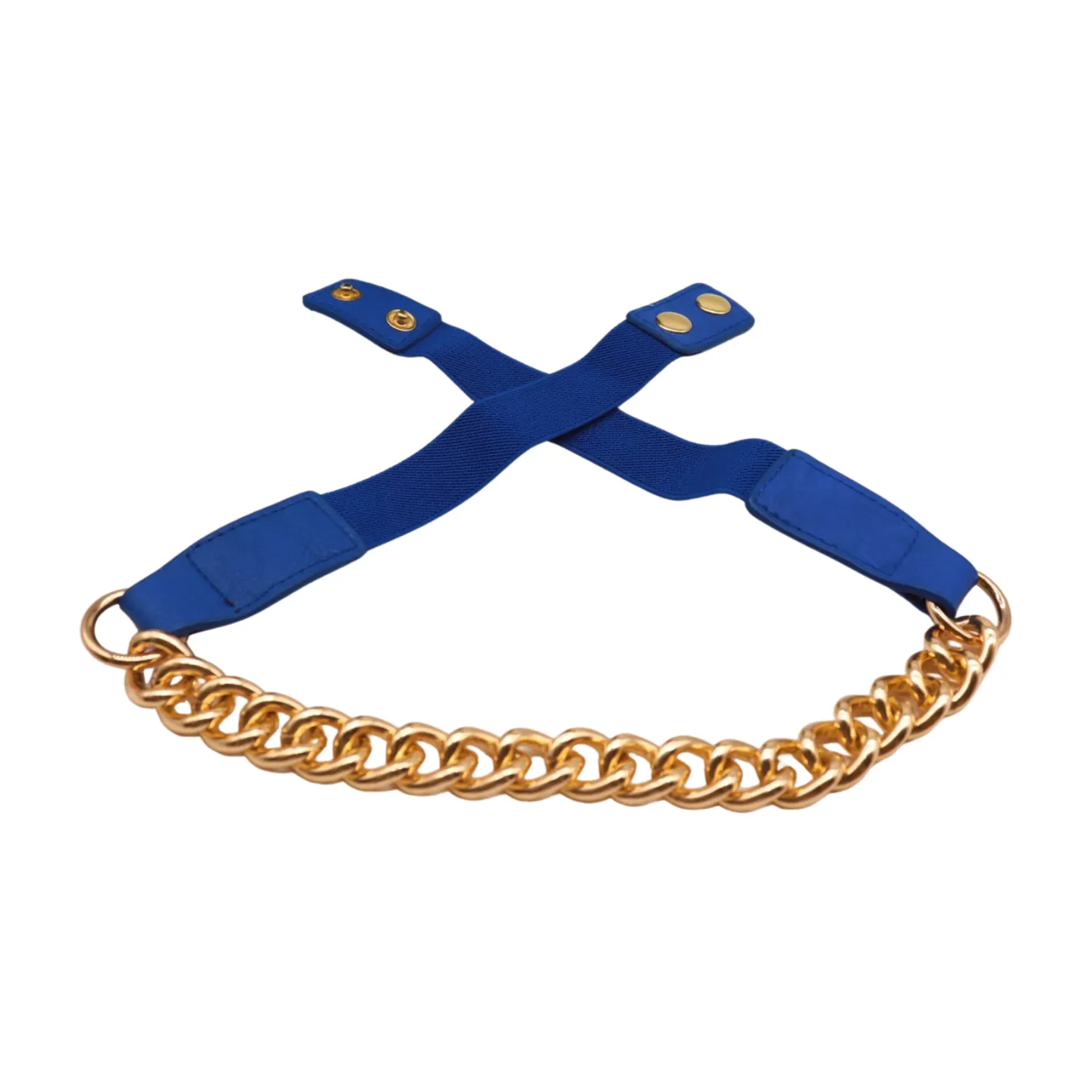 Blue Elastic Belt Gold Metal Chain Links Adjustable Size S M