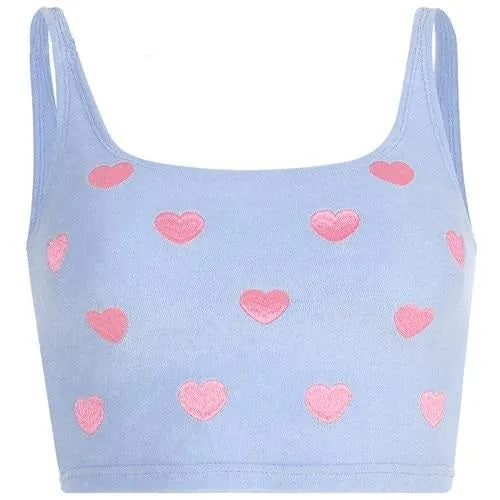 Blue Off Shoulder Sexy Tank Tops Women Summer 2019 Heart Embroidery Sweet Cute Sexy Summer Crop Top Harajuku Kawaii