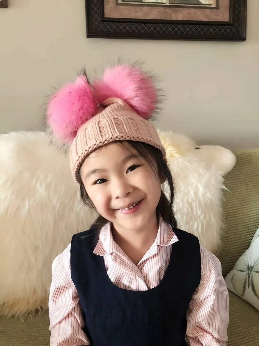 Blush Pink Kid Detachable Double Fur Pom Pom Beanie Hat