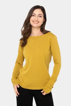 Boatneck Long Sleeve Tee with Sleeve Ruching