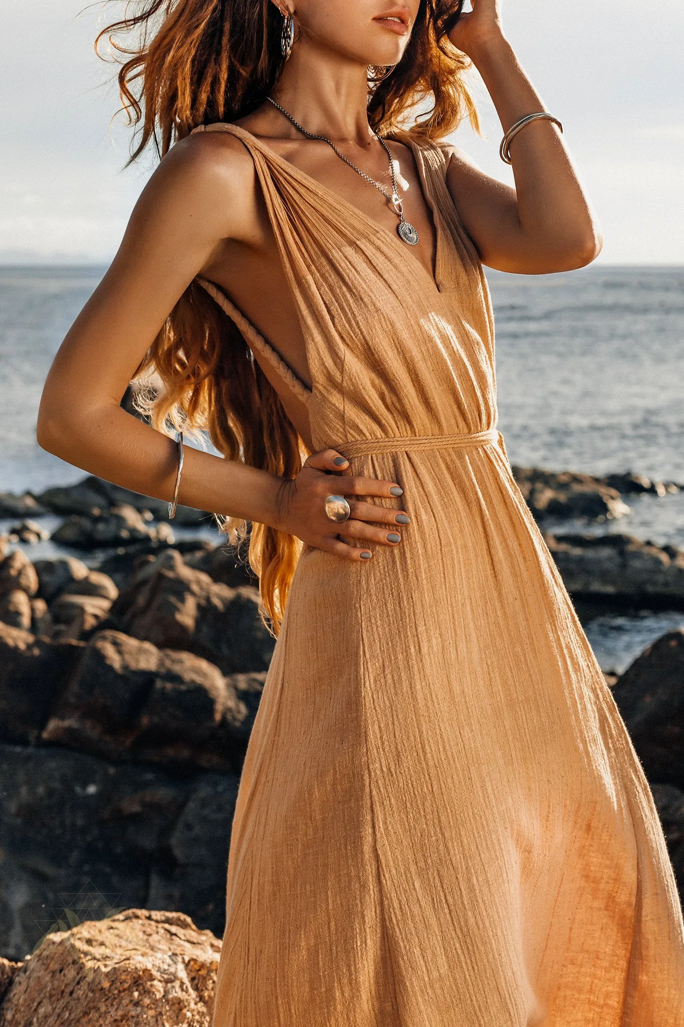 Boho Dress for Woman • Long Maxi Bohemian Dress • Beige Sandal Organic Dress