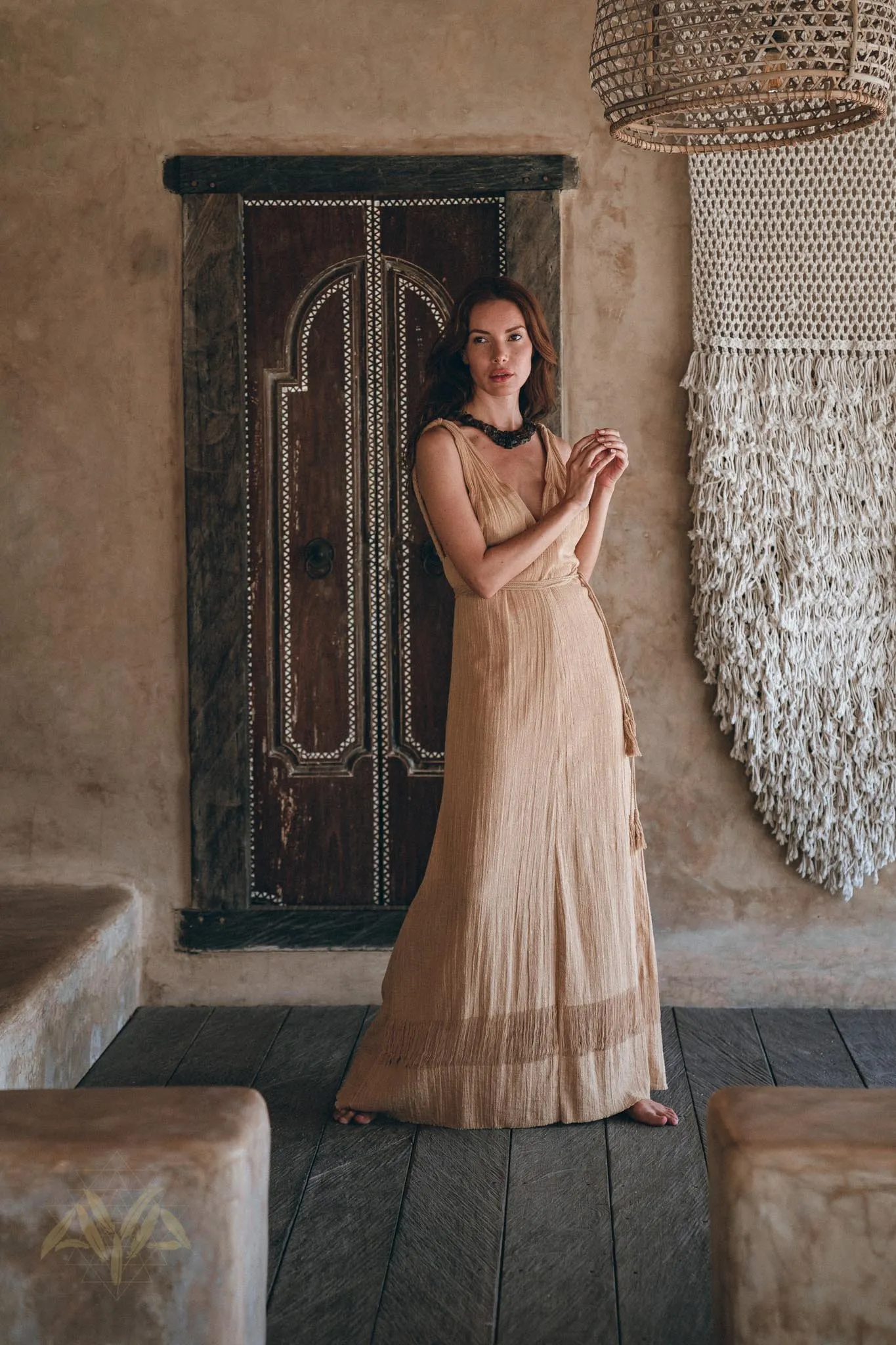 Boho Dress for Woman • Long Maxi Bohemian Dress • Beige Sandal Organic Dress