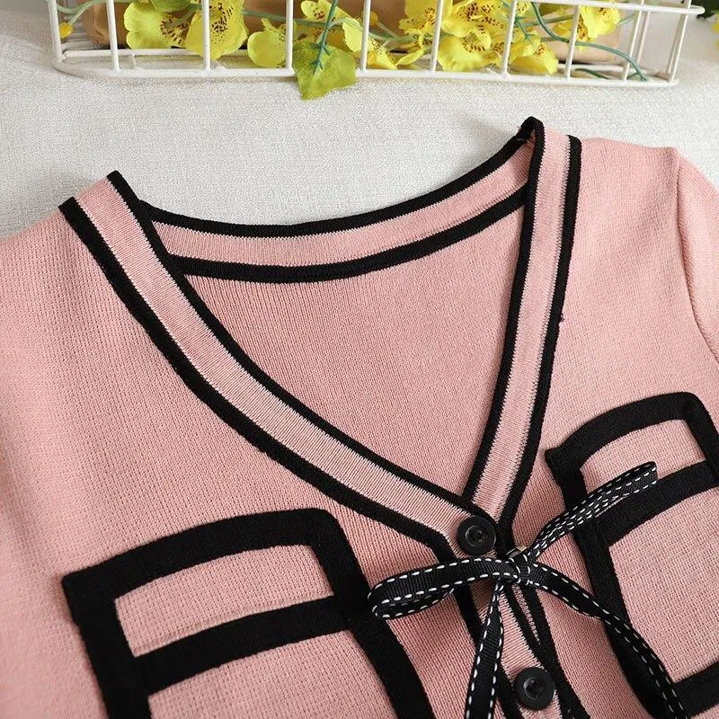 Bold Panelled Faux Pockets Women's Cardigan Bow Decoration V Neck Short Sleeve Cropped Top Kawaii Harajuku Summer Sexy