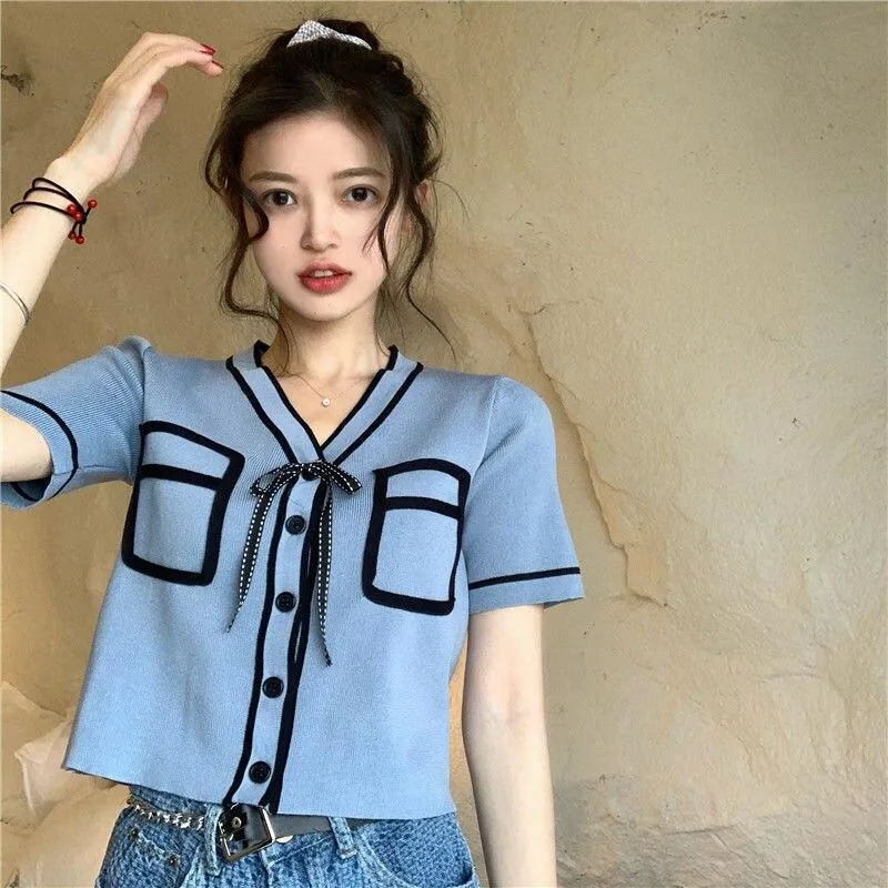 Bold Panelled Faux Pockets Women's Cardigan Bow Decoration V Neck Short Sleeve Cropped Top Kawaii Harajuku Summer Sexy