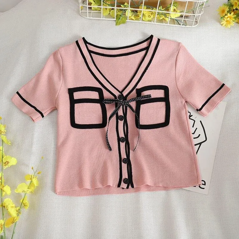 Bold Panelled Faux Pockets Women's Cardigan Bow Decoration V Neck Short Sleeve Cropped Top Kawaii Harajuku Summer Sexy