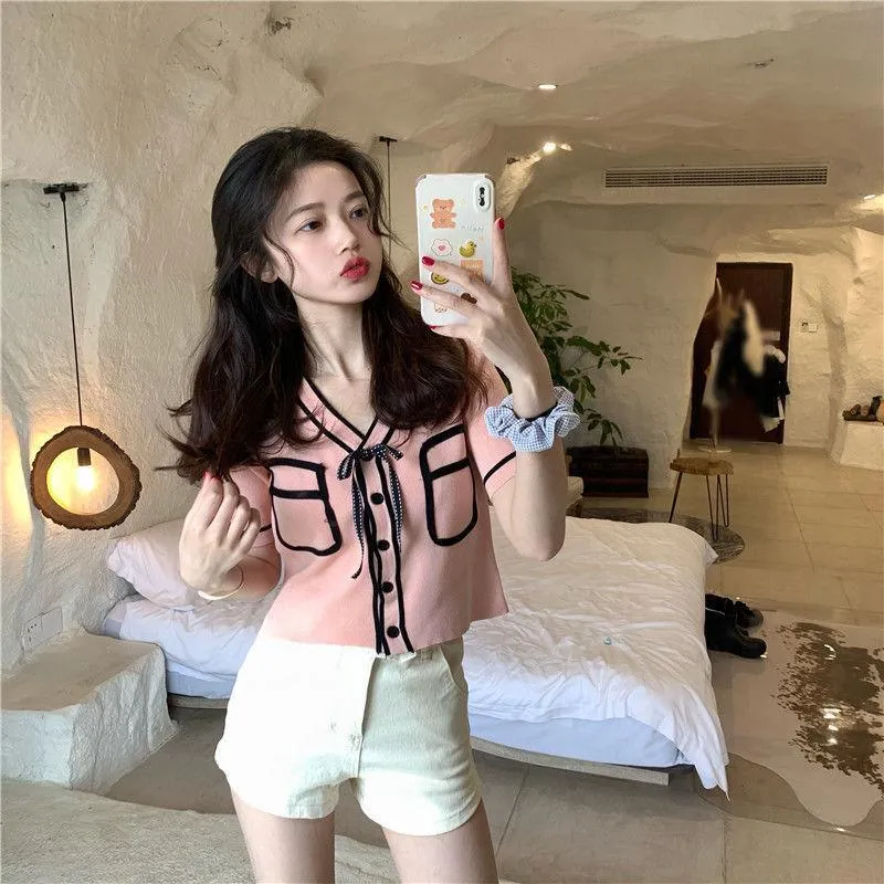 Bold Panelled Faux Pockets Women's Cardigan Bow Decoration V Neck Short Sleeve Cropped Top Kawaii Harajuku Summer Sexy