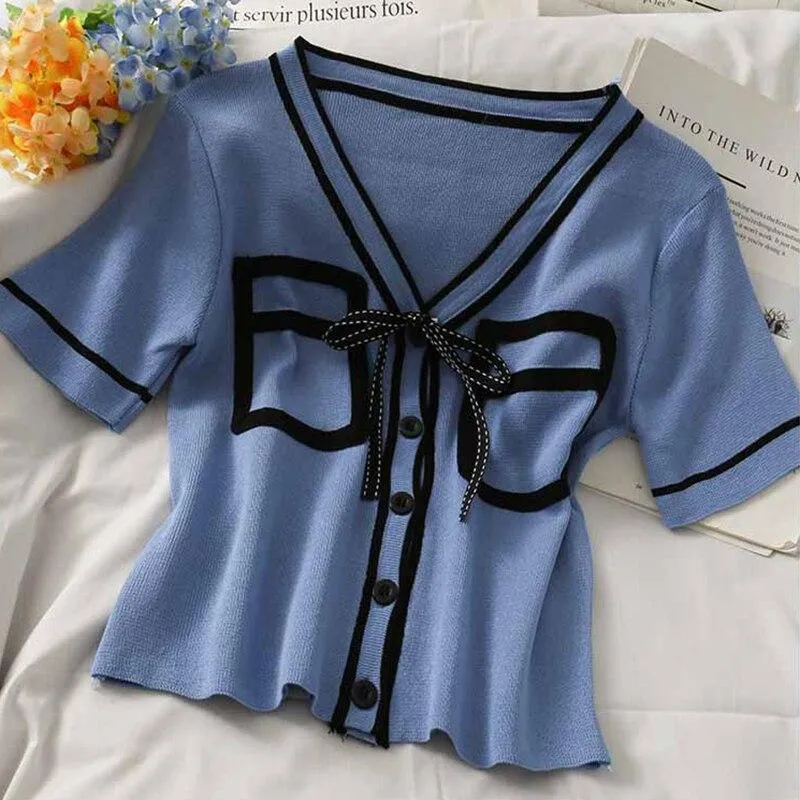 Bold Panelled Faux Pockets Women's Cardigan Bow Decoration V Neck Short Sleeve Cropped Top Kawaii Harajuku Summer Sexy