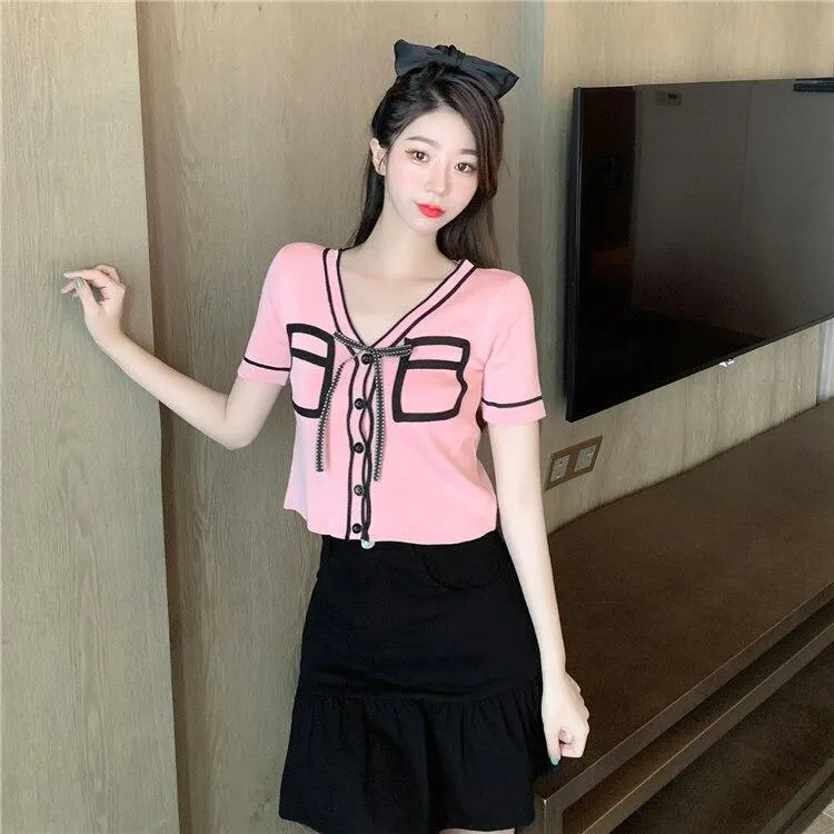 Bold Panelled Faux Pockets Women's Cardigan Bow Decoration V Neck Short Sleeve Cropped Top Kawaii Harajuku Summer Sexy