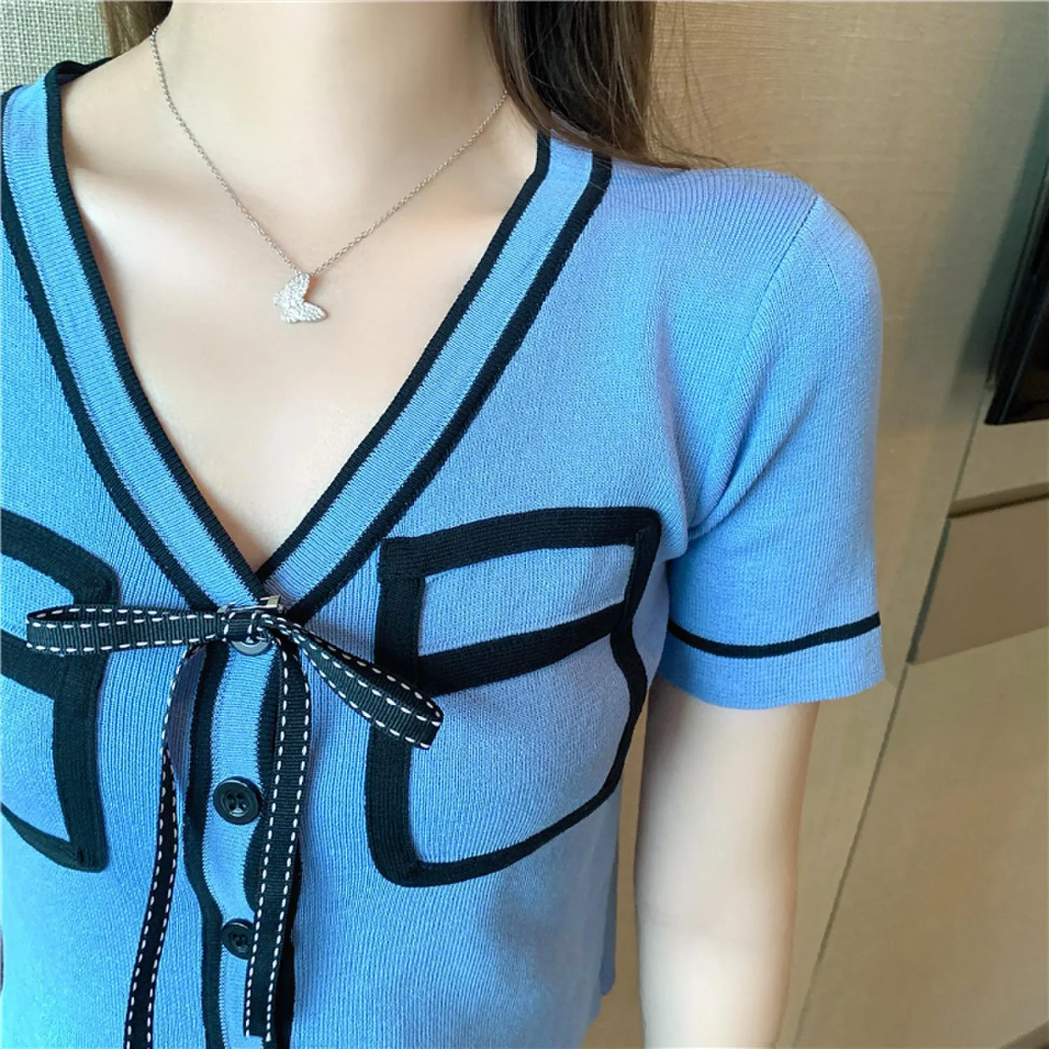 Bold Panelled Faux Pockets Women's Cardigan Bow Decoration V Neck Short Sleeve Cropped Top Kawaii Harajuku Summer Sexy