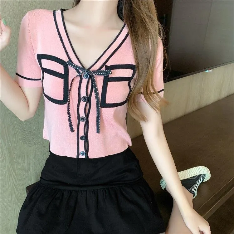 Bold Panelled Faux Pockets Women's Cardigan Bow Decoration V Neck Short Sleeve Cropped Top Kawaii Harajuku Summer Sexy