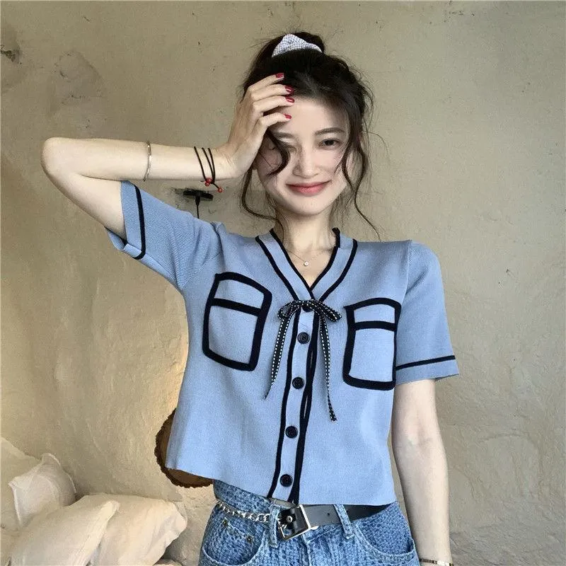 Bold Panelled Faux Pockets Women's Cardigan Bow Decoration V Neck Short Sleeve Cropped Top Kawaii Harajuku Summer Sexy