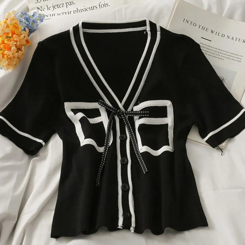 Bold Panelled Faux Pockets Women's Cardigan Bow Decoration V Neck Short Sleeve Cropped Top Kawaii Harajuku Summer Sexy