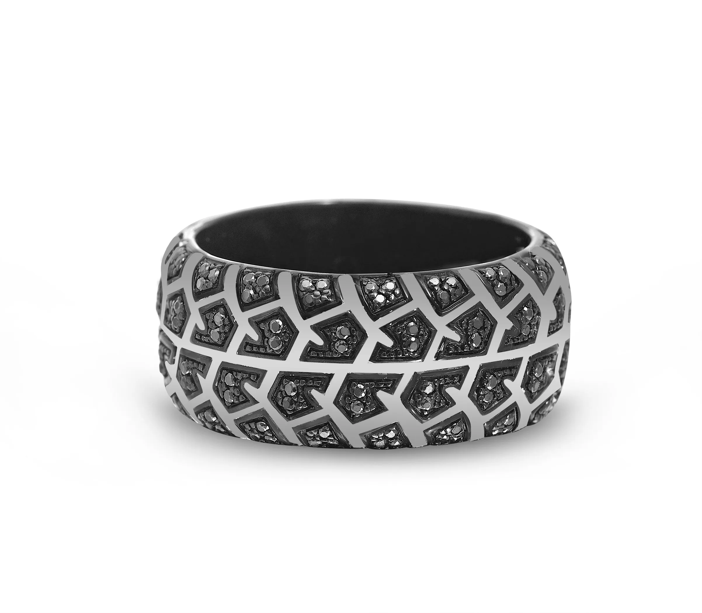 Born Drifter Black Rhodium Plated Sterling Silver Tire Tread Black Diamond Band Ring