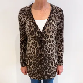 Brown Leopard Cashmere Longline V Neck Cardigan with Pockets Medium