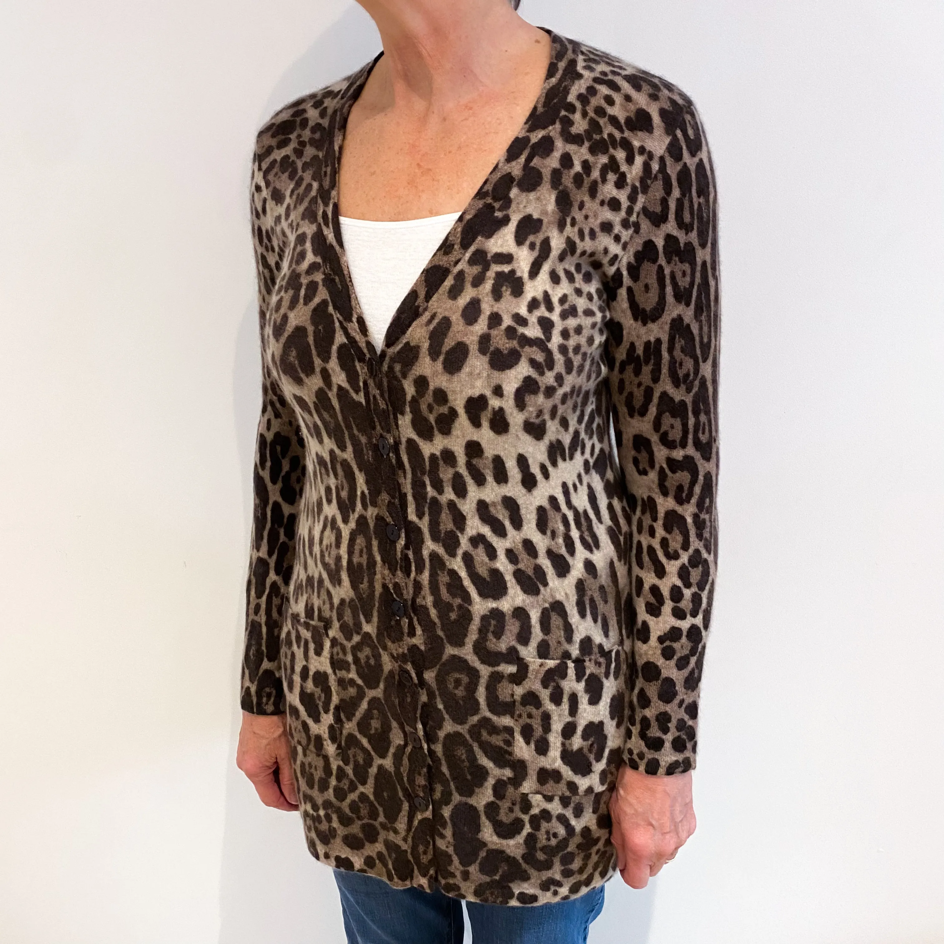 Brown Leopard Cashmere Longline V Neck Cardigan with Pockets Medium