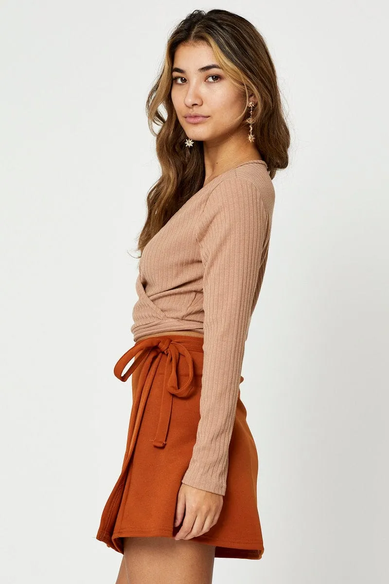 Brown Satin Wrap Mini Skirt